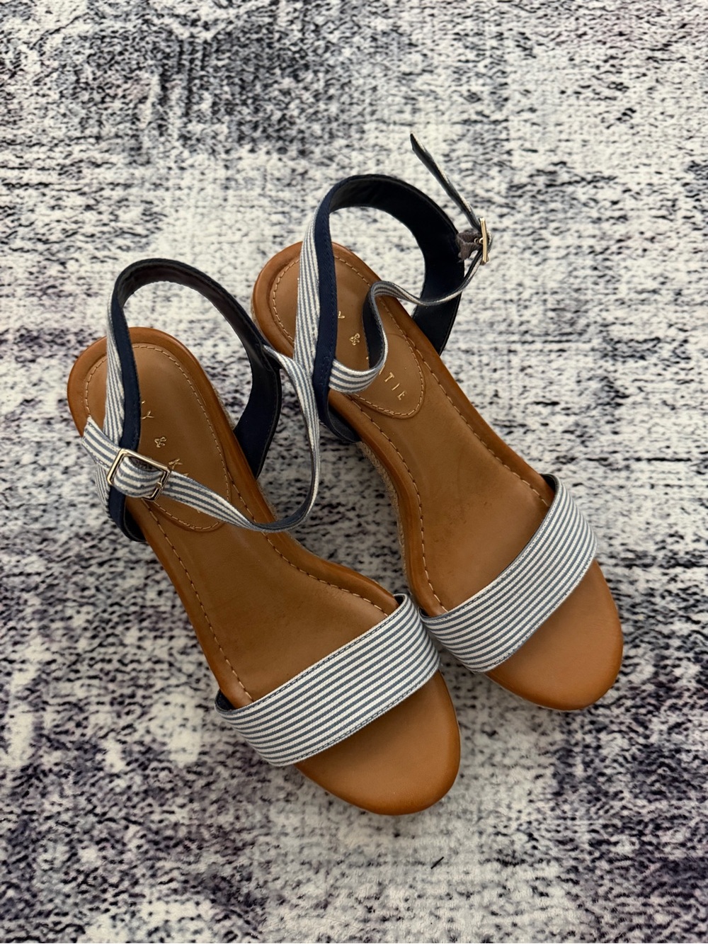 Kelly & Katie Navy and Tan Striped Slingback Wedges